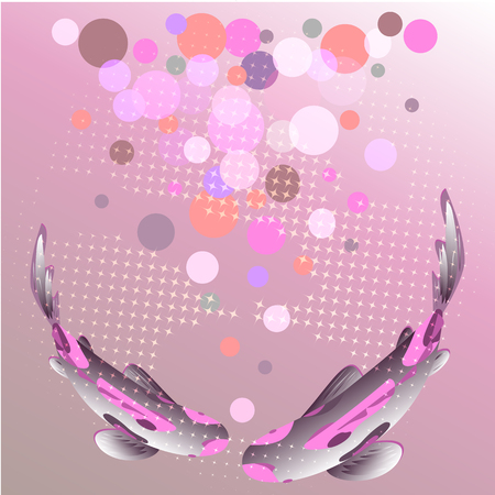 Set with fish, carp Koi on background of pink gradient and sparkling stars. Vector illustration, Cyprinus Carpio.のイラスト素材