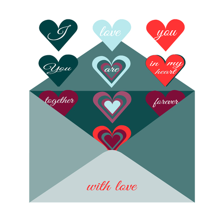Traditional postal envelope with romantic desire. Image of heart and romantic wishes. Vector drawing for design messages, cards, wishes for Valentine's Day.のイラスト素材