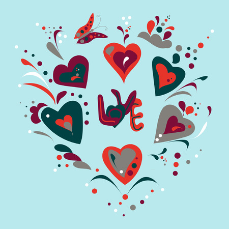 Round pattern with hand drawn   elements and letters for Valentines Day. Hearts, flowers, decor elements on light blue backdrop. Vector illustration for design of cards, posters, websites, flyers.のイラスト素材