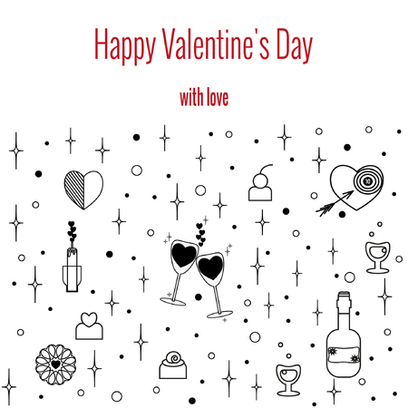 Happy Valentine's Day greeting card. Set of elements for holiday on white background. Vector drawing in linear style.のイラスト素材