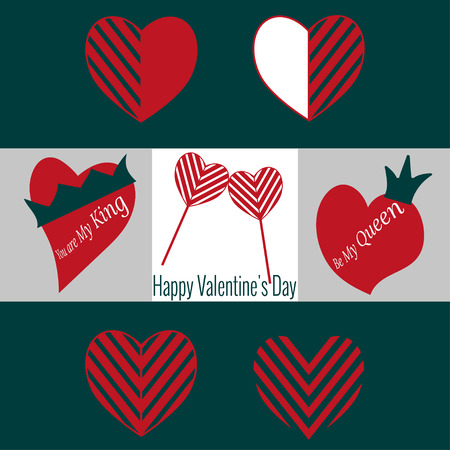 Set of Valentine's Day icons. Two heart shaped lollipops, heart with crown for decoration. Text You are My King, Be My Queen. Elements for feast of February 14 for design of cards, posters, websites.のイラスト素材