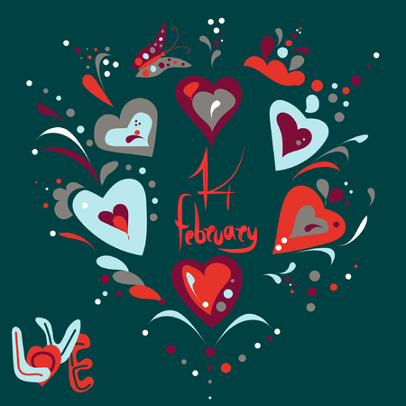 Round pattern with hand drawn   elements and letters for Valentines Day. 14 February,  Love, hearts, flowers, decor elements. Vector illustration for design of cards, posters, websites, flyers.のイラスト素材