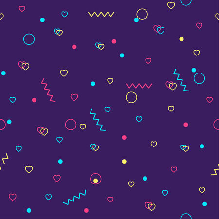 Memphis background with geometric elements and heart shapes. Seamless background for greeting cards, wrapping paper. Vector illustration in bright neon colors.のイラスト素材