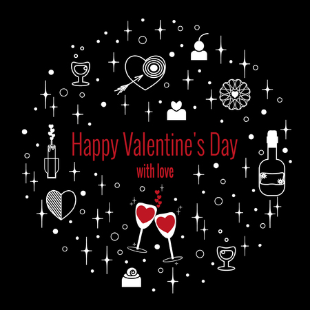 Happy Valentine's Day greeting card in shape of circle, linear style. Set of elements for holiday on black background. Vector drawing.のイラスト素材
