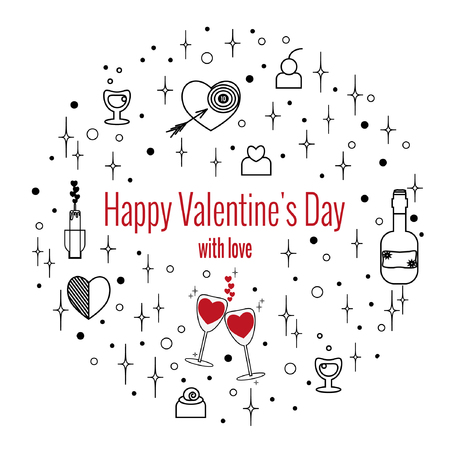 Happy Valentine's Day greeting card in shape of circle, linear style. Set of elements for holiday on white background.のイラスト素材