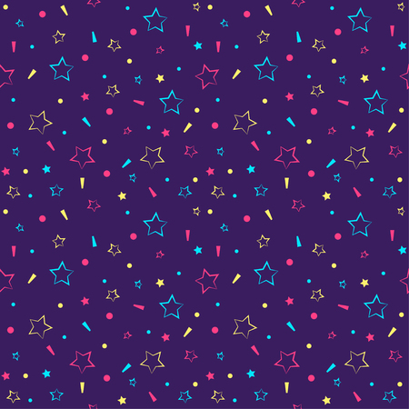 Memphis background with geometric elements and shapes stars. Seamless background for greeting cards, wrapping paper. Vector illustration in bright neon colors.のイラスト素材