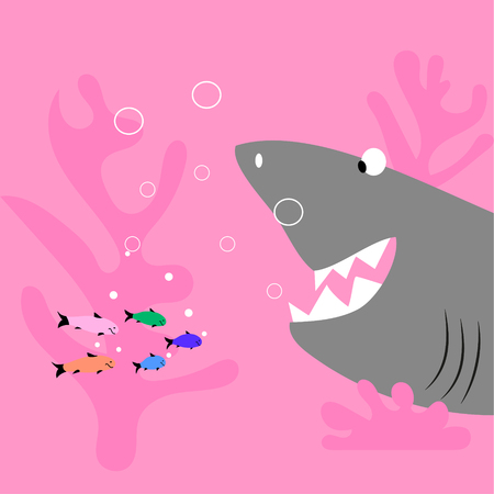 Underwater world, big shark and flock of small fish. Flat style, hand drawn, Scandinavian style, fashionable color palette. For textile, packaging, background design.のイラスト素材