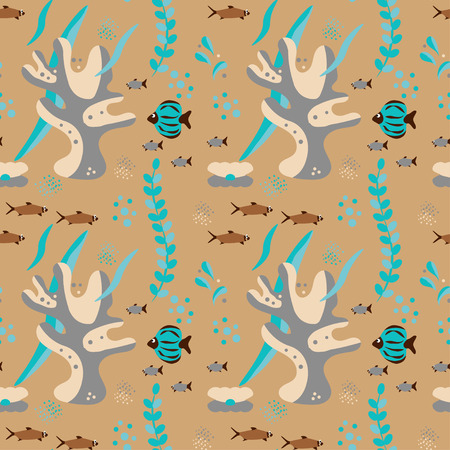 Vector seamless illustration of sea life. Flocks of sea fish, algae, corals. Flat style, hand drawn, Scandinavian style, fashionable color palette. For textile, packaging, background design.のイラスト素材