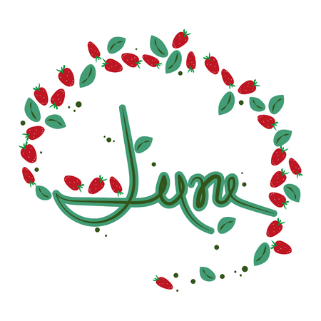 June, flat illustration in cartoon style. Decorative semicircular frame with strawberries, summer still life, berries, leaves, white background. Text vector template.のイラスト素材
