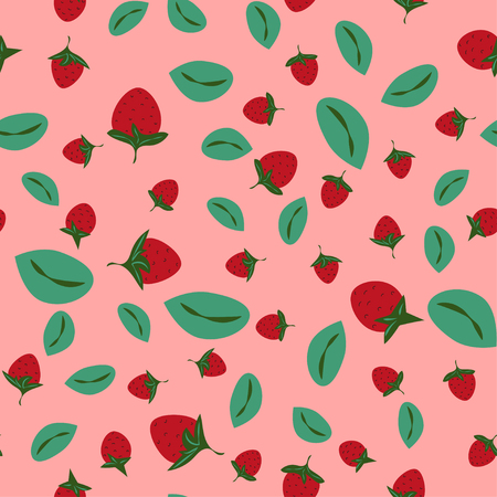 Seamless summer background with strawberries in cartoon style. Red strawberries and green leaves. Vector illustration for textile, packaging,のイラスト素材