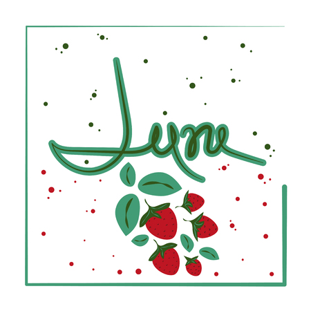 June, flat illustration in cartoon style. Bush with strawberries, summer still life, berries, leaves, frame. Text vector template on white background with multicolored confetti.のイラスト素材