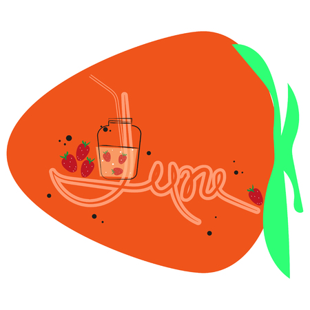June, flat illustration on background of an abstract large strawberry. Summer cocktail in glass, cocktail tube, strawberries. Text vector template.のイラスト素材