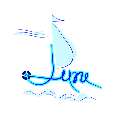 June, flat illustration on white background. Yacht in sea. Text, vector template.のイラスト素材