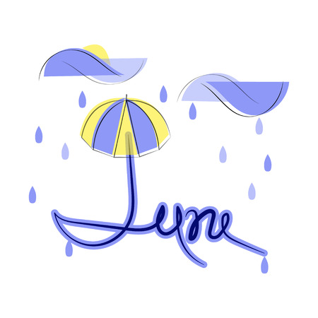 June, flat illustration on white background. Rainy day, clouds, raindrops and umbrella. Sun peeps out of clouds. Text vector template.のイラスト素材