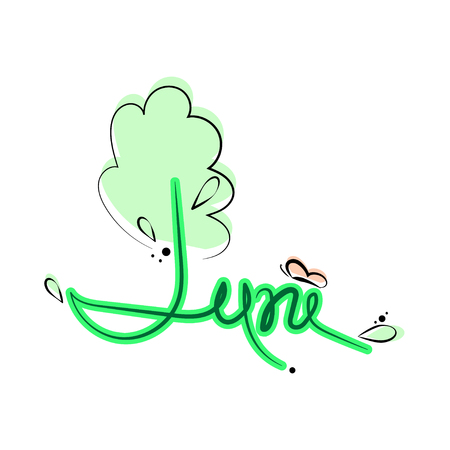 June, flat illustration on white background. Tree with leaves, butterfly. Text, vector template.のイラスト素材