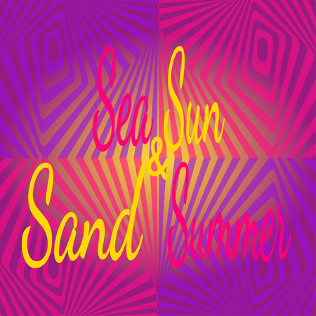 Bright pattern in style of three-dimensional drawing with text Summer Sun Sea Sand. Vector drawing in futuristic neon color palette, vaporwave holographic background for poster, t-shirts, party.のイラスト素材