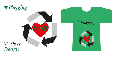 Concept of plogging. Heart - healthy lifestyle and the symbol of recycling is ecology care. T- shirt with design  of plogging. Mockup, vector illustration.のイラスト素材