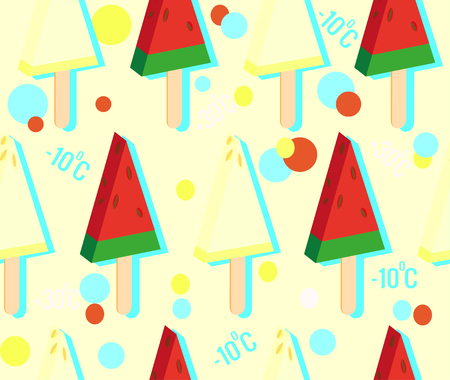 Fruit ice cream made of watermelon and melon seamless pattern. Ice cream on stick for summer background. Cold and hot temperatures for comfort. Packaging design, advertising, fabrics.のイラスト素材