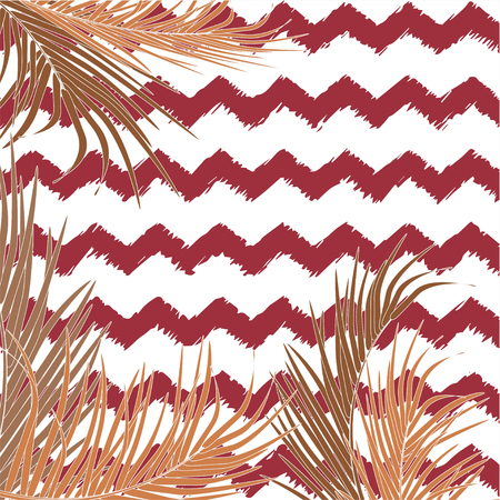 Vector background with decorative topical palm leaves on bright background of zig zag lines. Bright and pastel trendy brown colors. For decoration of background invitations, posters, cards, souvenirs.のイラスト素材