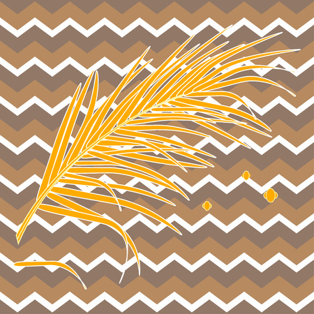 Palm leaves in luxury gold color. Tropical floral illustration on bright background of zig zag lines. Vector illustration for logo, invitation, souvenir design.のイラスト素材