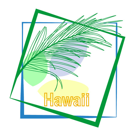 Tropical palm leaves and calligraphy Hawaii. Typography slogan in frame. Vector drawing for design clothing, posters, travel companies, cards, covers, business cards.のイラスト素材