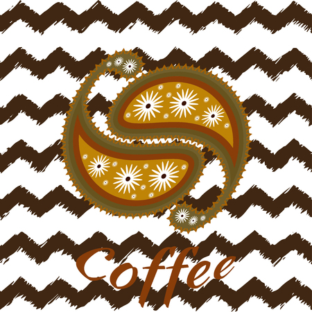 Coffee grains paisley pattern in warm brown colors on zig-zag background. Vector drawing for packaging, advertising, background design, coffee house, restaurant.のイラスト素材