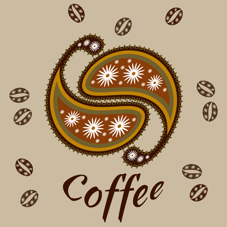 Coffee grains paisley pattern in warm brown colors. Vector drawing for packaging, advertising, background design, coffee house, restaurant.のイラスト素材
