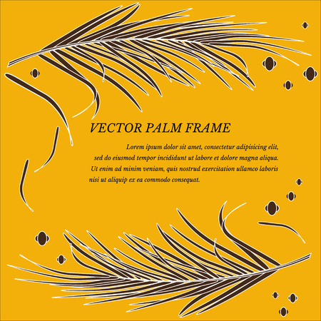 Vector frame with decorative palm leaves in tropics on luxury gold background. Bright fashionable golden luxurious colors. For decoration of background invitations, posters, cards, souvenirs.のイラスト素材