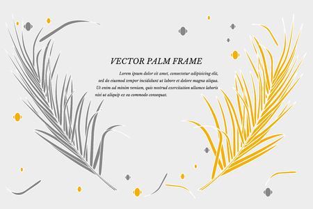 Vector with decorative palm leaves in tropics on gray background. Bright fashionable golden luxurious colors, place for text. For decoration of background invitations, posters, cards, souvenirs.のイラスト素材