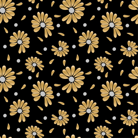 Summer golden seamless pattern. Chamomile flowers for fortune telling, love or not love. Vector drawing in fashionable colors, black background.のイラスト素材