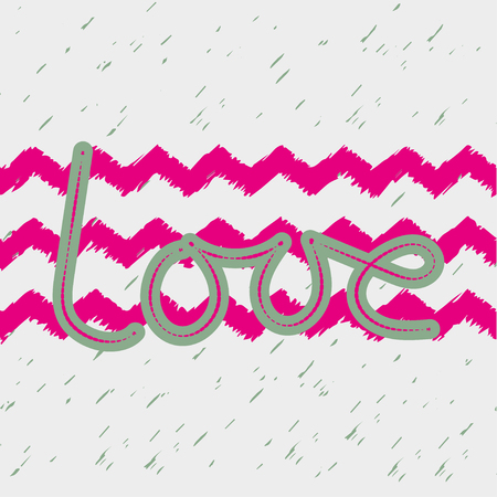 Love word drawn by hand. Slogan trendy design and bright pink zig zag. For printing on t-shirts for girls and young men. Vector drawing.のイラスト素材