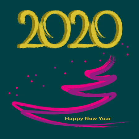 2020 gold brush painted on bright green background. Ultraviolet brush contour of New Year tree....
