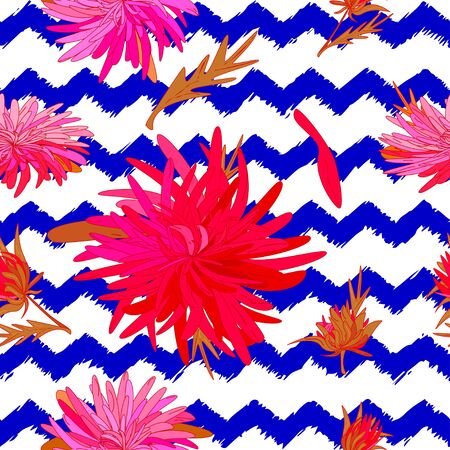 Flowers, leaves, buds, petals of coral-colored chrysanthemums. Seamless vector illustration, background zigzag lines in bright blue is hand-drawn brush background. Summer flowers, geometric backgroundのイラスト素材