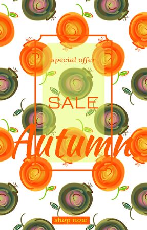 Template for sale Autumn. Pattern with multi-colored set of wild blueberries and cowberries or apples. Text Sale, Autumn. Vector illustration in trendy orange and dark green colors. For sales, websiteのイラスト素材