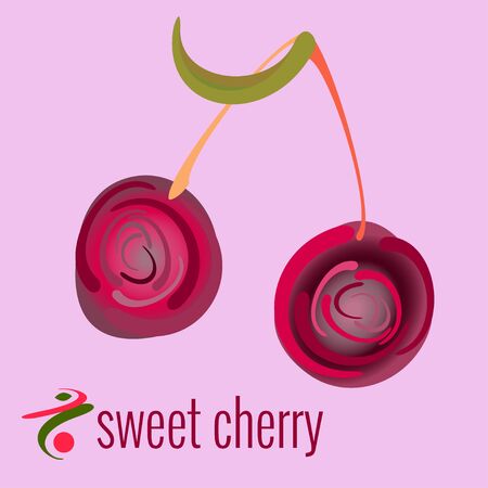 Sweet cherry on light pink background. Illustration in abstract style. Vector drawing for design, banners, posters, advertising, markets.のイラスト素材