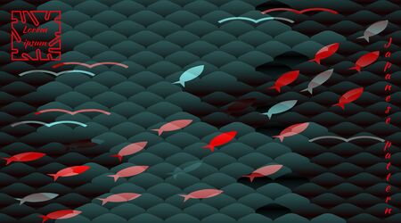 Flock of fish against background of traditional Japanese motif, multi-colored fish scales carp Koi. Poster with trendy modern design template for covers, cards. Vector pattern, horizontal orientation.のイラスト素材