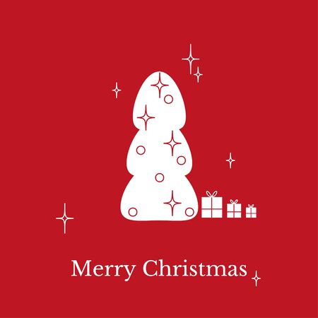 Set of elements for New Year and Christmas. Greeting card with stars, Christmas trees and gifts in style of outlet on red background. Festive decor elements for design of posters, sites, flyers.のイラスト素材