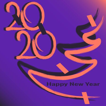 2020 brush coral color on  blue gradient background. Pink brush contour Christmas tree and sticky tape. Vector illustration for the design of greeting cards for Christmas and New Year.のイラスト素材