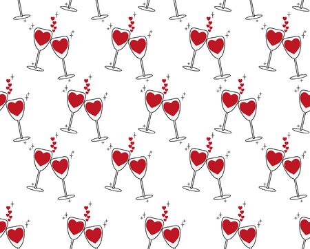 Festive background for family celebration, romantic evening, wedding. Two glasses with red wine in shape of hearts in love, style of outline on white backdrop. Seamless vector pattern for holiday menuのイラスト素材