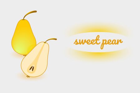 Colorful label with text. Whole pear and cut. Fresh fruit on white background. Vector illustration for design of fresh product, juice, canned food, market, menu for cafe, restaurant.のイラスト素材