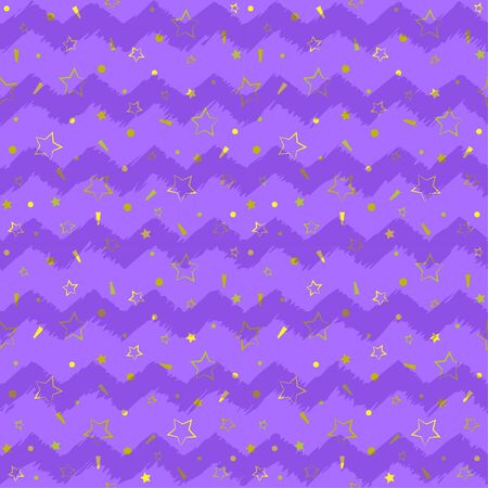 Memphis background with geometric elements and shapes of stars of gold color on purple zigzag background. Seamless pattern for greeting card, wrapping paper. Vector illustration in trend colors.のイラスト素材