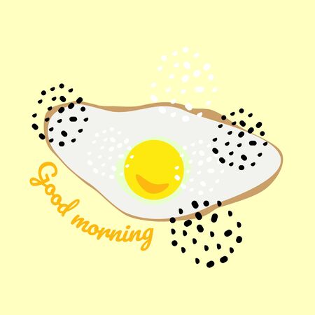 Fried eggs for breakfast. Good morning wish. Decor salt and pepper. Vector drawing on light background, simple flat style. For the design of textiles, clothes and linen for children.のイラスト素材