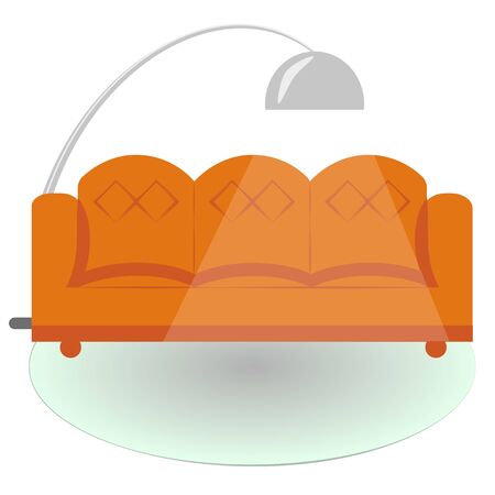 Sofa, round carpet, metal floor lamp in room. Cozy home interior of living room for relaxing. Vector illustration in flat style. Template for interior design in trendy colors on white background.のイラスト素材