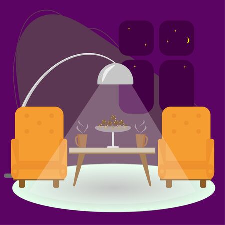 Two armchairs, table, floor lamp in room, evening tea drinking. Cozy home interior of living room for relaxing. Vector illustration in flat style. Template for interior design in trendy colors.のイラスト素材