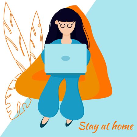 Stay at home, create comfortable conditions for online work, study, hobbies, communications. Your apartment is your office, work at home is freedom in comfortable area at any time. Vector illustrationのイラスト素材