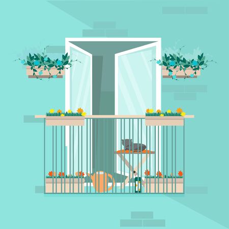 Balcony of house in summer, during pandemic or relaxing at home. Flowers in drawers stand and hang. Comfortable chair, cat, watering can for watering and fertilizers for growth. Vector illustration.のイラスト素材