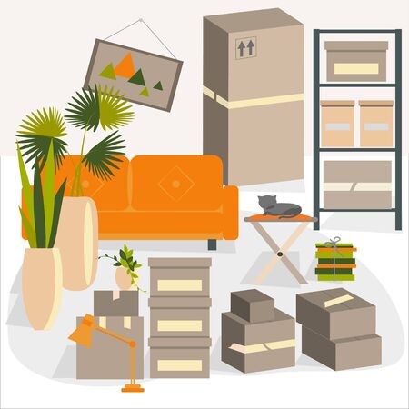 Moving to new place of residence. Collecting things in cardboard boxes, books tied in piles. Waiting for help of movers. Vector illustration in flat style.のイラスト素材