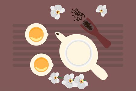 Serving of tea ceremony. Two cups, porcelain teapot, tea board, scoop with tea. Decoration orchid flowers.Mental state of calm and contemplation. Vector illustration in pastel warm colors.のイラスト素材