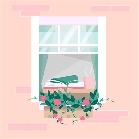 Beautiful window in cozy house is decorated with flowers. Stay home, read book in chair by window and drink coffee. Vector illustration in flat style in pastel pink and green colors.のイラスト素材