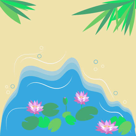 Tropical pond with exotic flowers, pink lotuses and palm leaves. Background for tourist vacation. Vector illustration in flat style for design of social networks, floral natural pattern.のイラスト素材